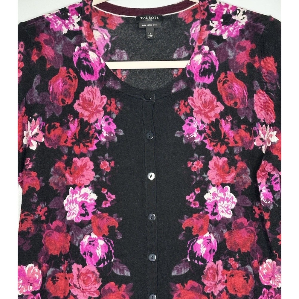 Talbots Merino Wool Charming Cardigan Black Pink Floral NWOT Sz LP Garden Party - Picture 2 of 8